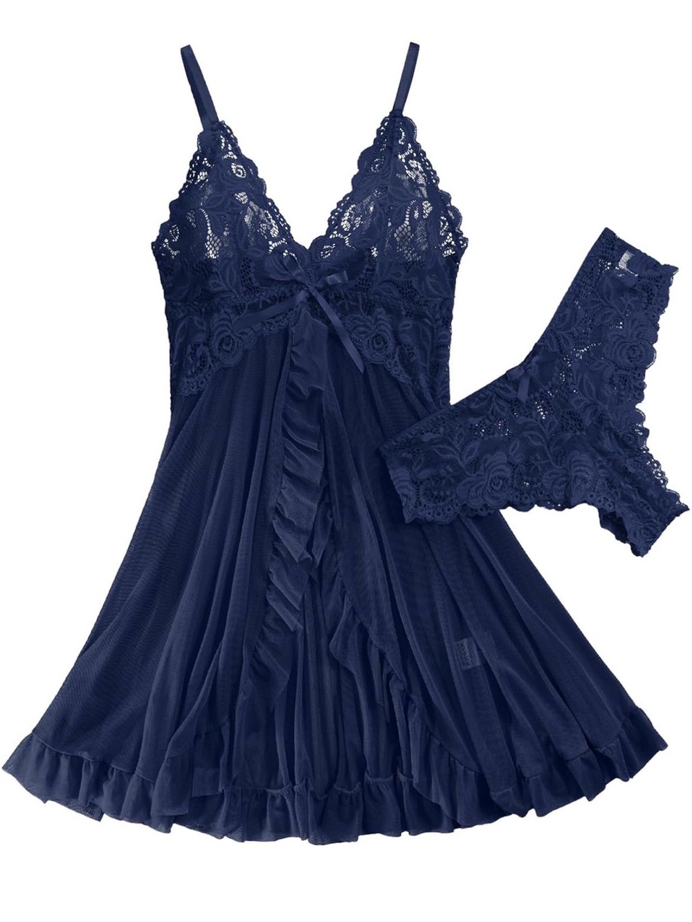 Blue Lace Babydoll Lingerie Set Satin Ruffle Chemise Matching Thong Sexy large